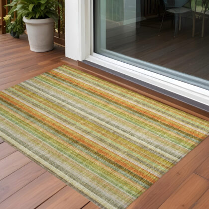 3' X 5' Tan Orange and Green Striped Washable Non Skid Indoor Outdoor Area Rug
