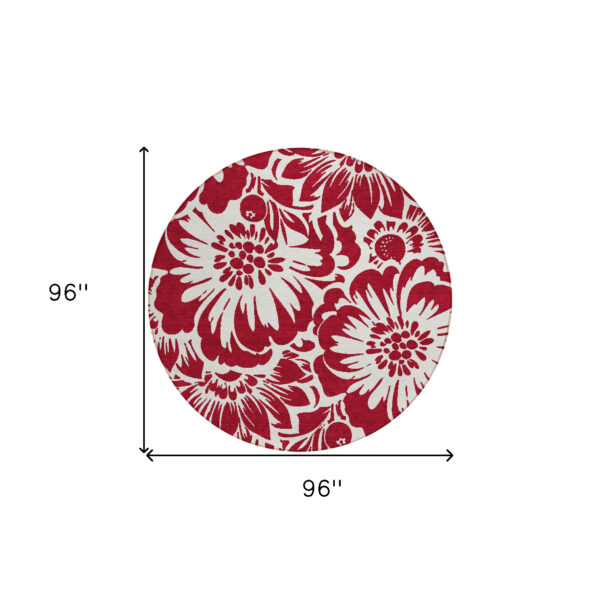 8' Round Burgundy and White Round Floral Washable Non Skid Indoor Outdoor Area Rug
