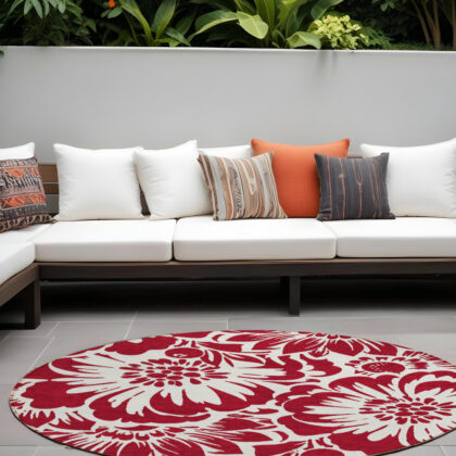 8' Round Burgundy and White Round Floral Washable Non Skid Indoor Outdoor Area Rug