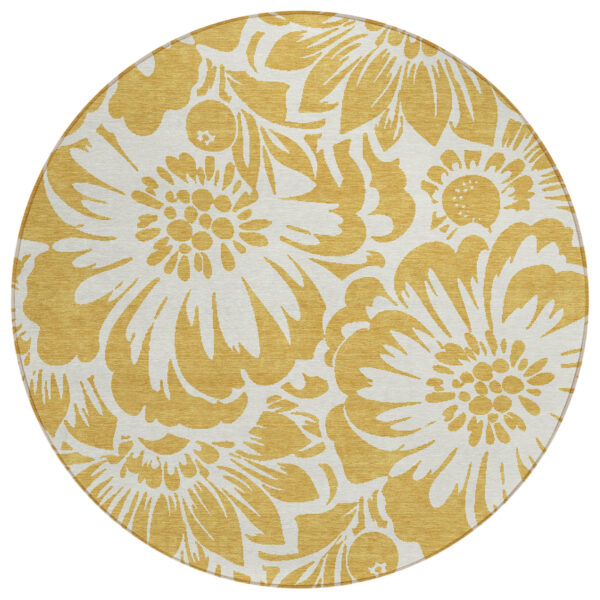 8' Round Gold and White Round Floral Washable Non Skid Indoor Outdoor Area Rug