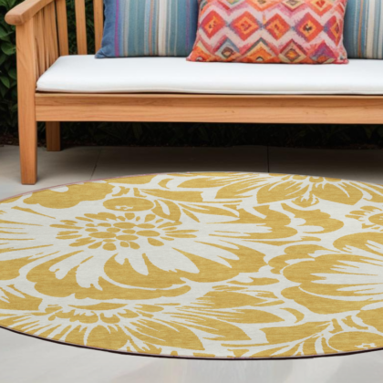 8' Round Gold and White Round Floral Washable Non Skid Indoor Outdoor Area Rug