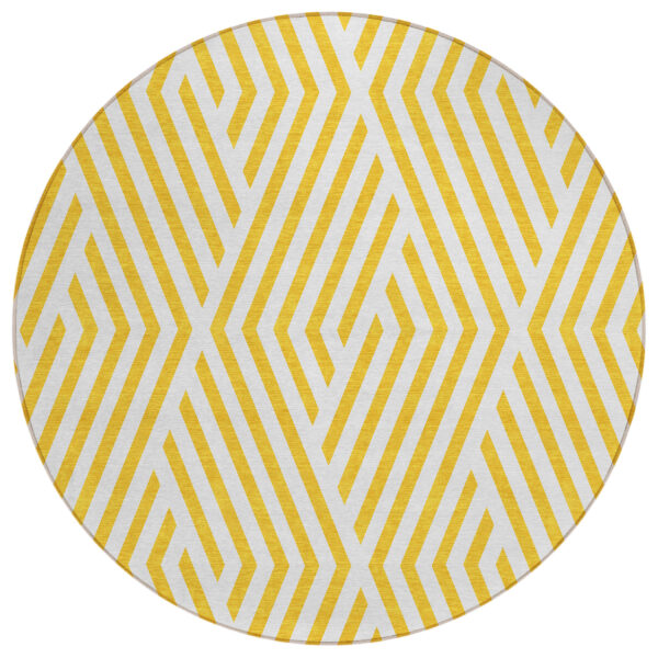 8' Round Gold and White Round Geometric Washable Non Skid Indoor Outdoor Area Rug