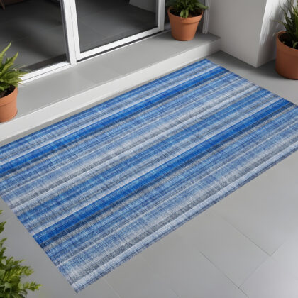 3' X 5' Blue Striped Washable Non Skid Indoor Outdoor Area Rug