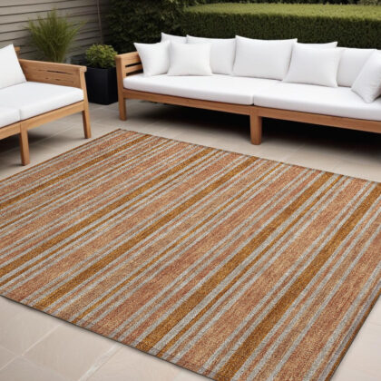 10' X 14' Beige and Orange Striped Washable Non Skid Indoor Outdoor Area Rug