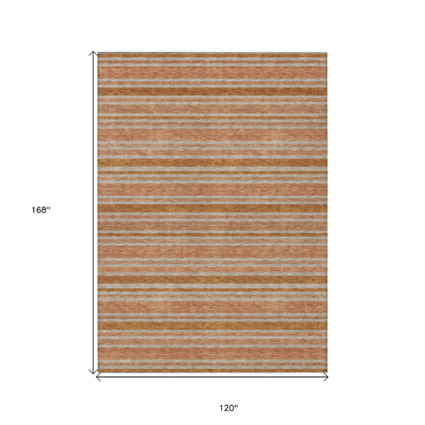 10' X 14' Beige and Orange Striped Washable Non Skid Indoor Outdoor Area Rug