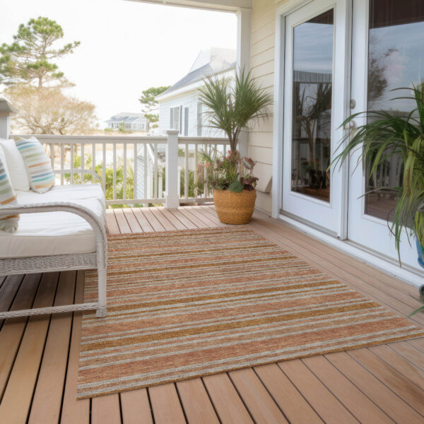 10' X 14' Beige and Orange Striped Washable Non Skid Indoor Outdoor Area Rug