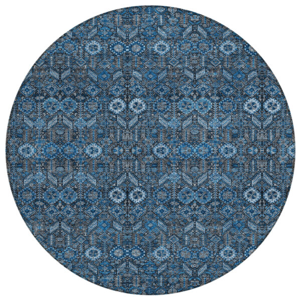 8' Round Blue and Black Round Floral Washable Non Skid Indoor Outdoor Area Rug