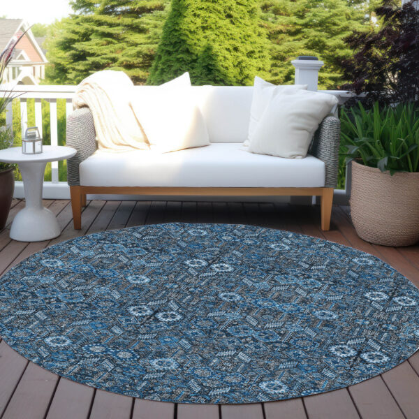 8' Round Blue and Black Round Floral Washable Non Skid Indoor Outdoor Area Rug