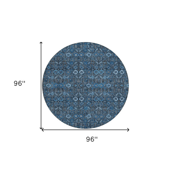 8' Round Blue and Black Round Floral Washable Non Skid Indoor Outdoor Area Rug