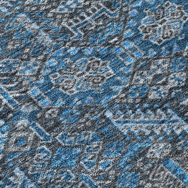 8' Round Blue and Black Round Floral Washable Non Skid Indoor Outdoor Area Rug