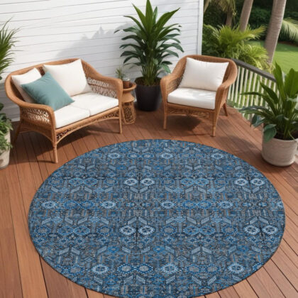 8' Round Blue and Black Round Floral Washable Non Skid Indoor Outdoor Area Rug
