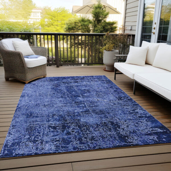 10' X 14' Navy Blue Abstract Washable Non Skid Indoor Outdoor Area Rug