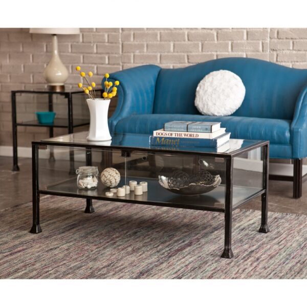 43" Black Glass And Metal Rectangular Coffee Table
