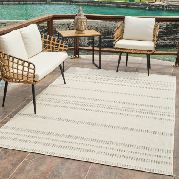 6' X 9' Cream and Beige Striped Distressed Indoor Outdoor Area Rug