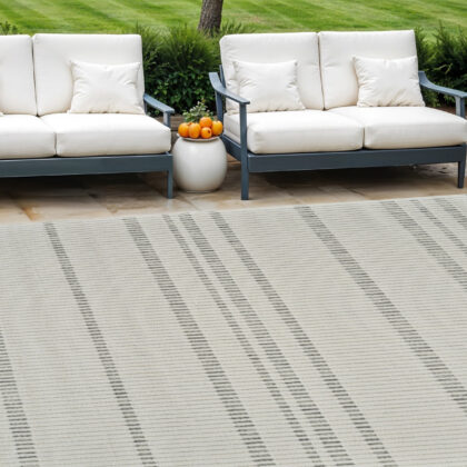 6' X 9' Cream and Beige Striped Distressed Indoor Outdoor Area Rug