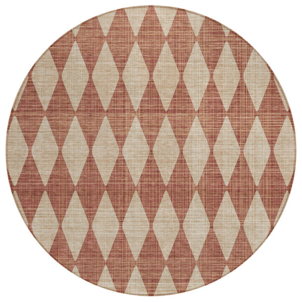 8' Orange And Copper Round Geometric Washable Indoor Outdoor Area Rug