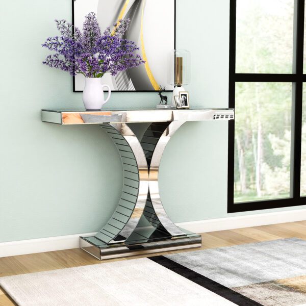 39" Silver Mirrored Glass Pedestal Console Table