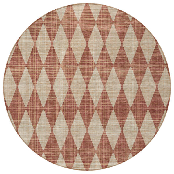 8' Orange And Copper Round Geometric Washable Indoor Outdoor Area Rug