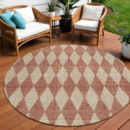 8' Orange And Copper Round Geometric Washable Indoor Outdoor Area Rug