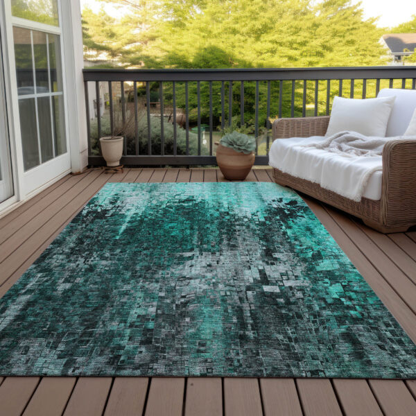 9' X 12' Teal Blue Aqua And Gray Abstract Washable Indoor Outdoor Area Rug