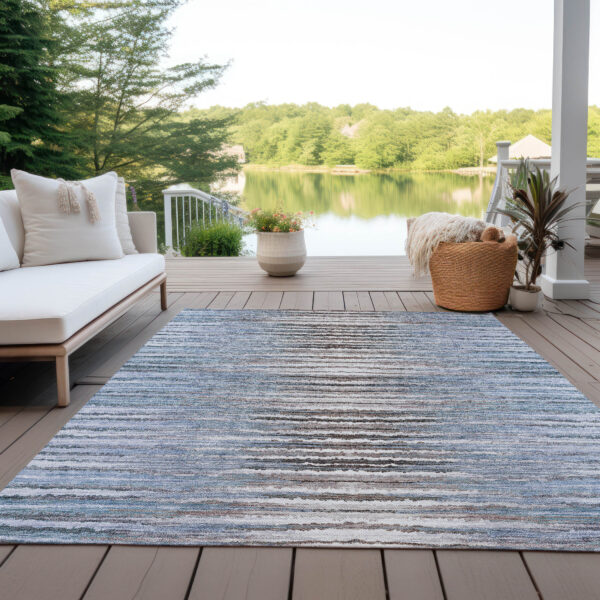 10' X 14' Sky Blue And Denim Blue Striped Washable Indoor Outdoor Area Rug