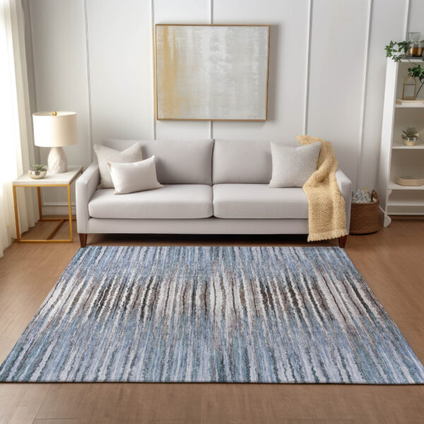 10' X 14' Sky Blue And Denim Blue Striped Washable Indoor Outdoor Area Rug