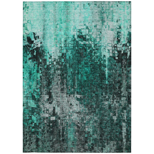 9' X 12' Teal Blue Aqua And Gray Abstract Washable Indoor Outdoor Area Rug
