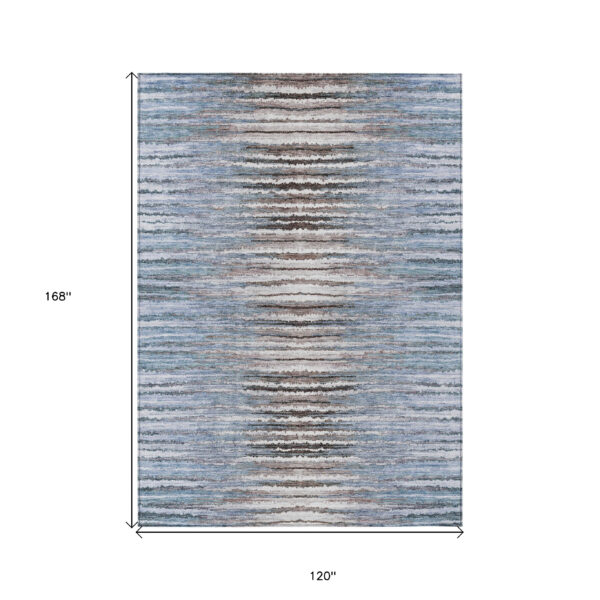 10' X 14' Sky Blue And Denim Blue Striped Washable Indoor Outdoor Area Rug
