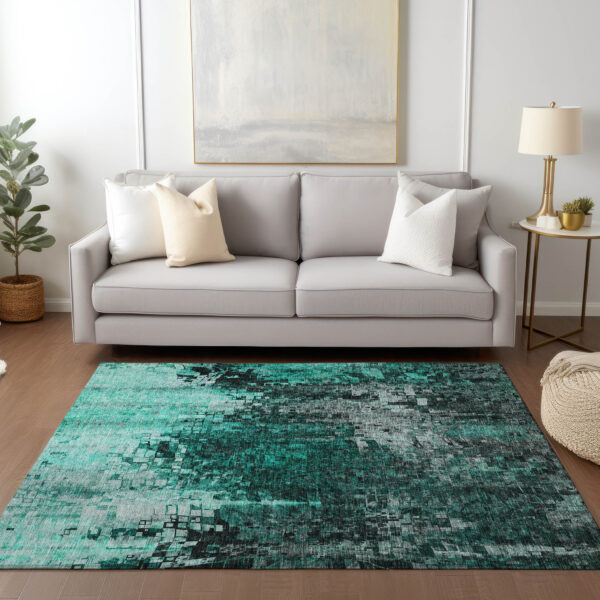 9' X 12' Teal Blue Aqua And Gray Abstract Washable Indoor Outdoor Area Rug