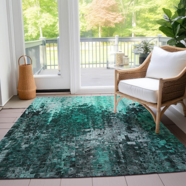 9' X 12' Teal Blue Aqua And Gray Abstract Washable Indoor Outdoor Area Rug