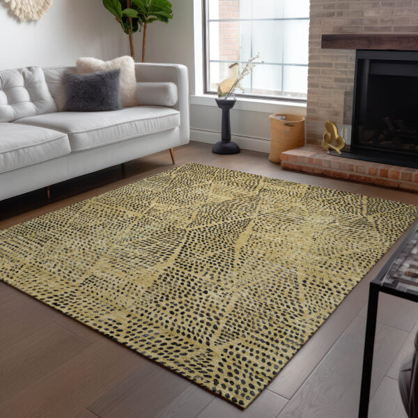 3' X 5' Gold Black And Charcoal Geometric Washable Indoor Outdoor Area Rug