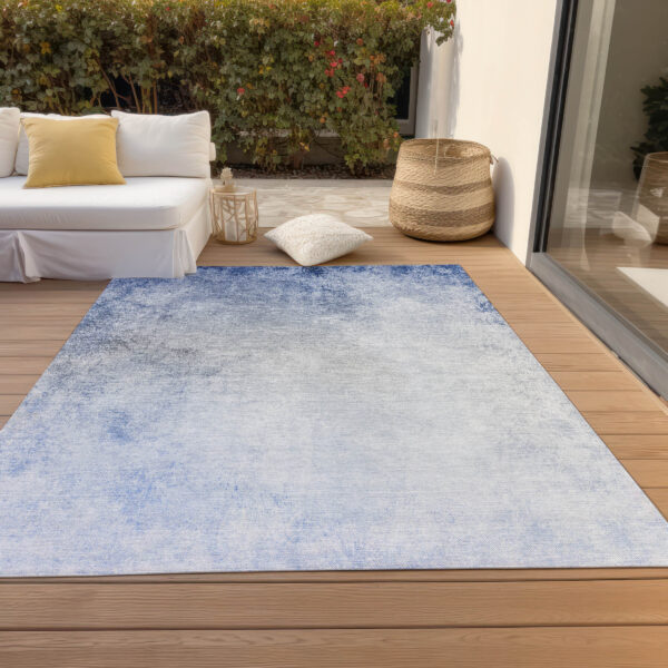 9' X 12' Navy Blue And Denim Blue Ombre Washable Indoor Outdoor Area Rug