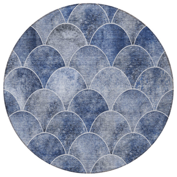 8' Denim Blue And Gray Round Abstract Washable Indoor Outdoor Area Rug