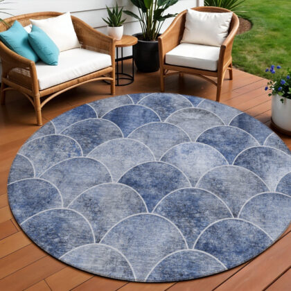 8' Denim Blue And Gray Round Abstract Washable Indoor Outdoor Area Rug