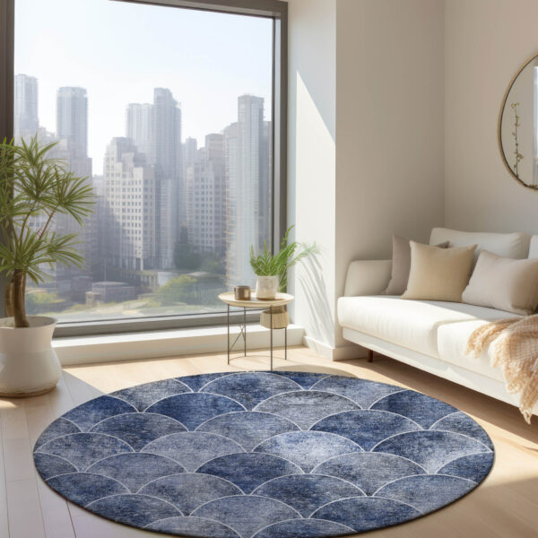 8' Denim Blue And Gray Round Abstract Washable Indoor Outdoor Area Rug