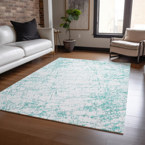 10' X 14' Teal Blue And Ivory Abstract Washable Indoor Outdoor Area Rug