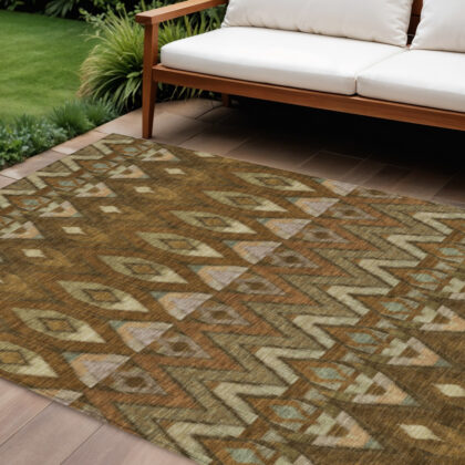 10' X 14' Brown Beige And Artichoke Green Southwestern Washable Indoor Outdoor Area Rug