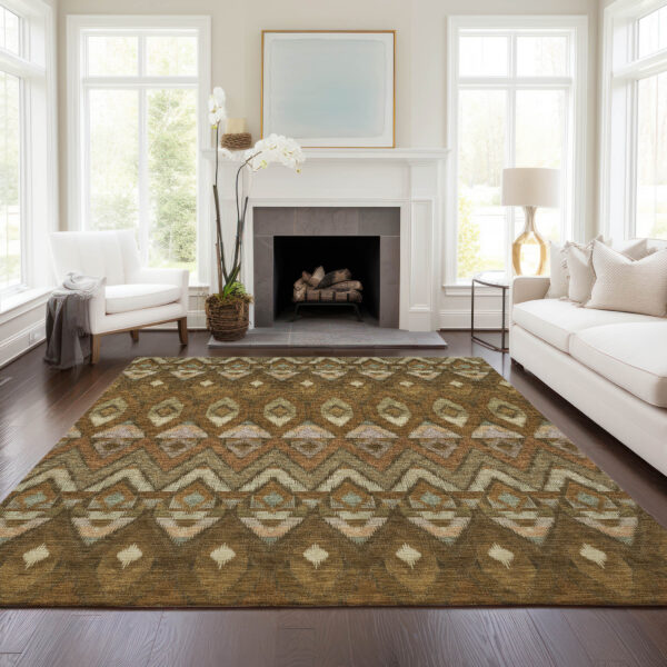 10' X 14' Brown Beige And Artichoke Green Southwestern Washable Indoor Outdoor Area Rug