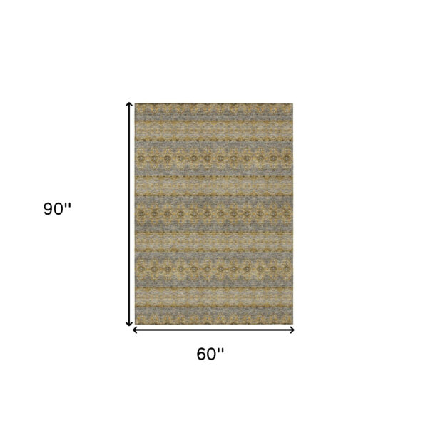 5' X 8' Gold Gray And Silver Floral Medallion Washable Indoor Outdoor Area Rug