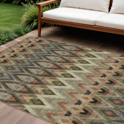 9' X 12' Taupe Olive Green And Beige Southwestern Washable Indoor Outdoor Area Rug