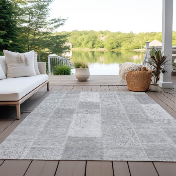 8' X 10' Silver Gray And Graphite Patchwork Washable Indoor Outdoor Area Rug
