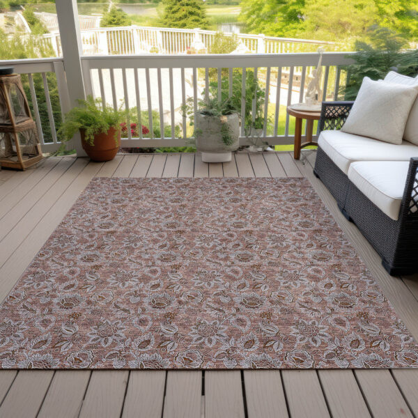 8' X 10' Copper Gray And Silver Floral Washable Indoor Outdoor Area Rug