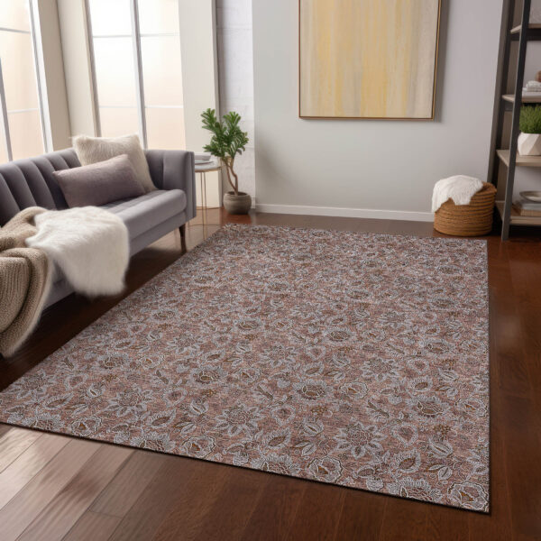 8' X 10' Copper Gray And Silver Floral Washable Indoor Outdoor Area Rug