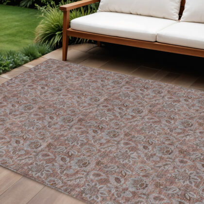 8' X 10' Copper Gray And Silver Floral Washable Indoor Outdoor Area Rug