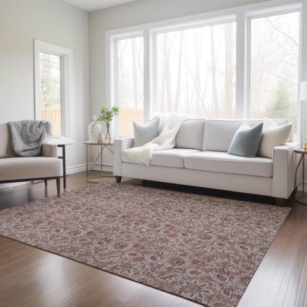 8' X 10' Copper Gray And Silver Floral Washable Indoor Outdoor Area Rug