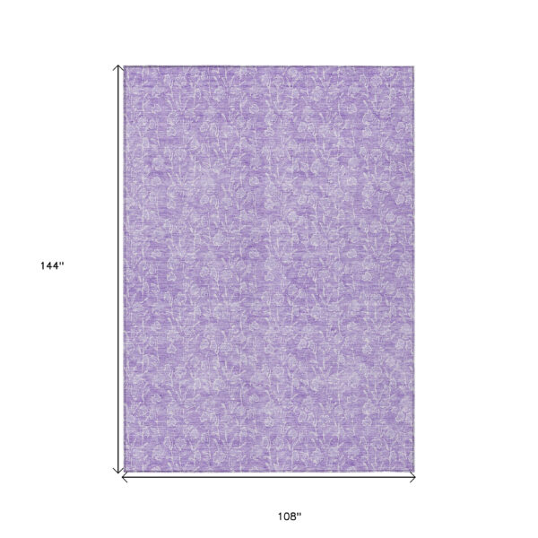 9' X 12' Lilac And Ivory Floral Washable Indoor Outdoor Area Rug