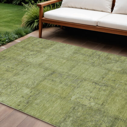 10' X 14' Fern Green And Artichoke Green Patchwork Washable Indoor Outdoor Area Rug