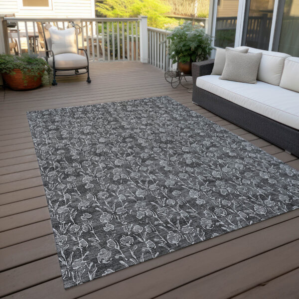 5' X 8' Gray Charcoal And Silver Floral Washable Indoor Outdoor Area Rug