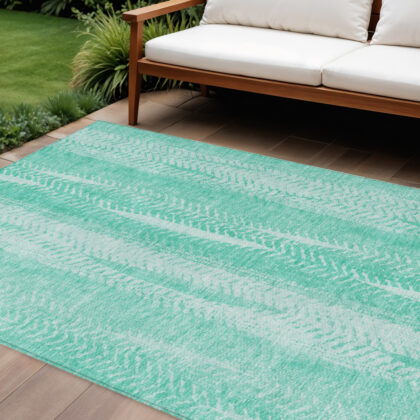 10' X 14' Aqua Teal Blue And Ivory Botanical Leaves Washable Indoor Outdoor Area Rug