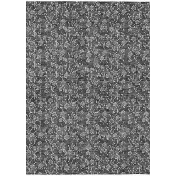 5' X 8' Gray Charcoal And Silver Floral Washable Indoor Outdoor Area Rug